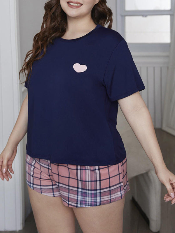 Plus Size Women's Short Sleeve Plaid Shorts Home Pajamas Set