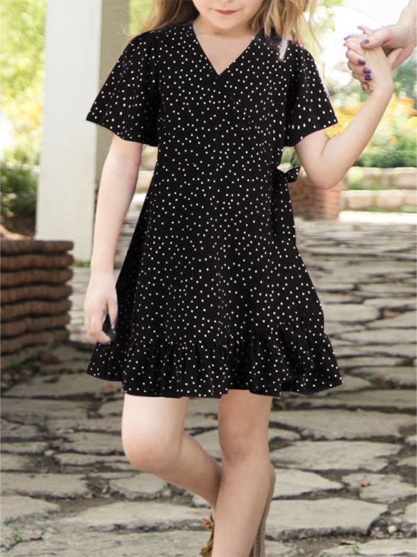 Kid's Girls Polka Dot Ruffle Hem Wrap Dress