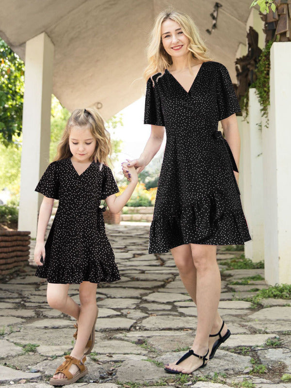 Kid's Girls Polka Dot Ruffle Hem Wrap Dress