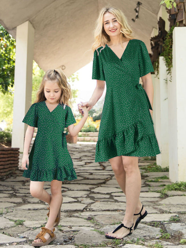 Kid's Girls Polka Dot Ruffle Hem Wrap Dress