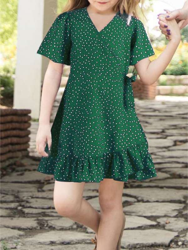 Kid's Girls Polka Dot Ruffle Hem Wrap Dress