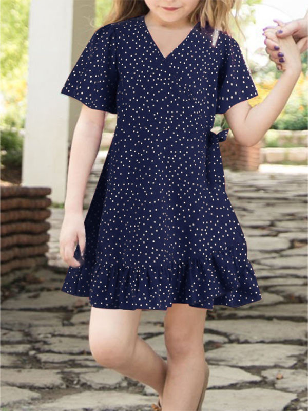 Kid's Girls Polka Dot Ruffle Hem Wrap Dress