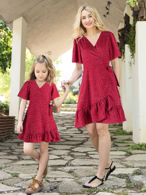 Kid's Girls Polka Dot Ruffle Hem Wrap Dress