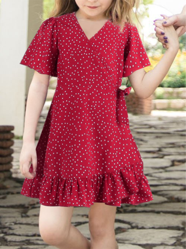Kid's Girls Polka Dot Ruffle Hem Wrap Dress