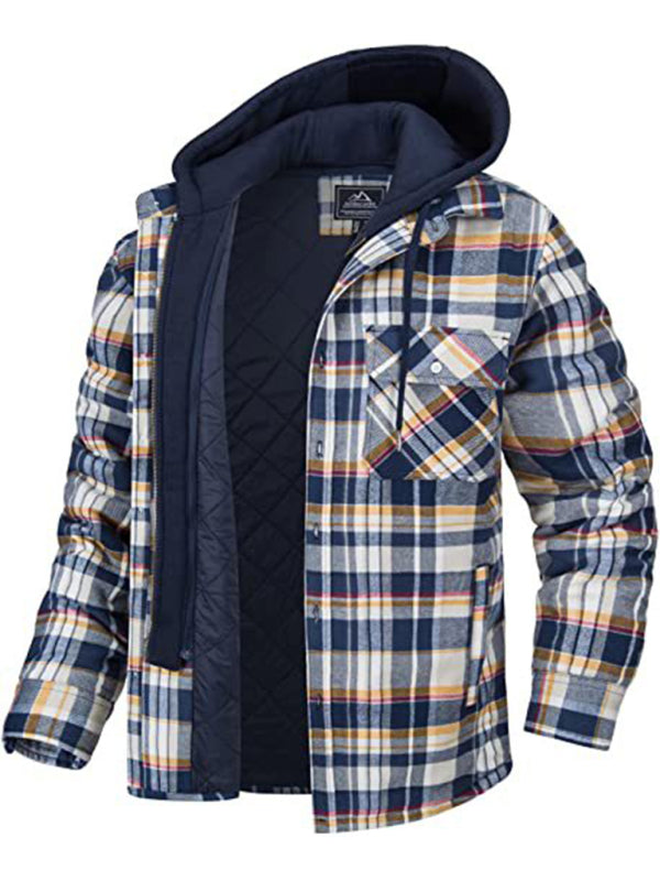 Men’s Plaid Pattern Flannel Contrast With Quilted Lined Hoodie Shirt Jacket