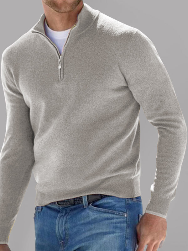 Long Sleeve V Neck Wool Fleece Zipper Men's Casual Top Polo Shirt