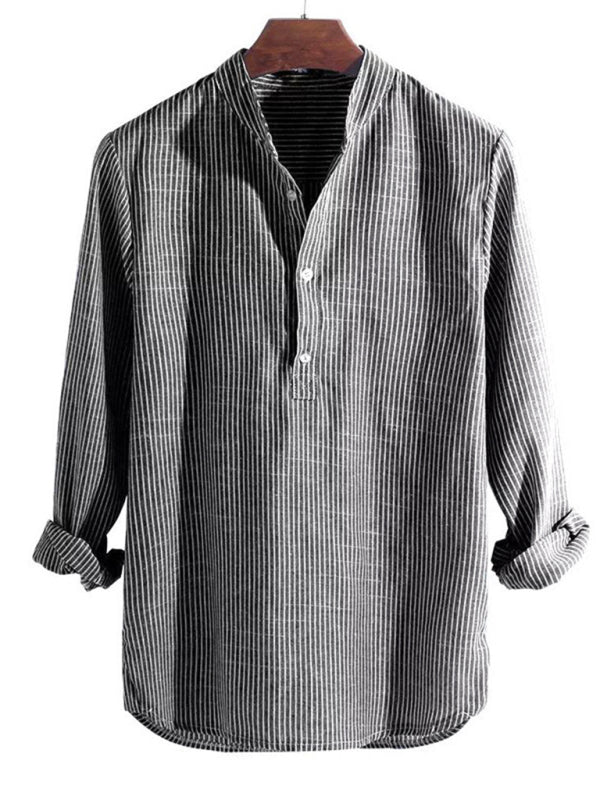 Men's Crew Neck Button Up Stripe Long Sleeve Shirt