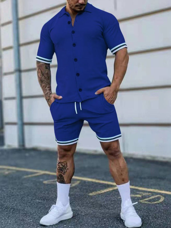 Men's Solid-Color Short-Sleeve Button-Down Shirt Set