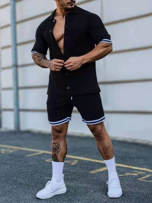 Men's Solid-Color Short-Sleeve Button-Down Shirt Set