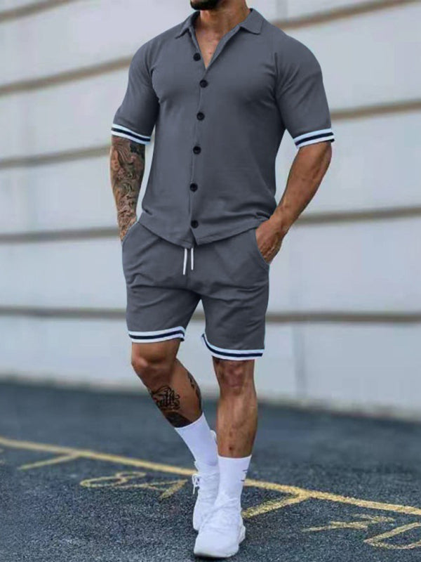 Men's Solid-Color Short-Sleeve Button-Down Shirt Set