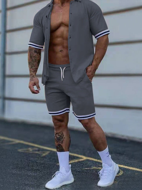 Men's Solid-Color Short-Sleeve Button-Down Shirt Set