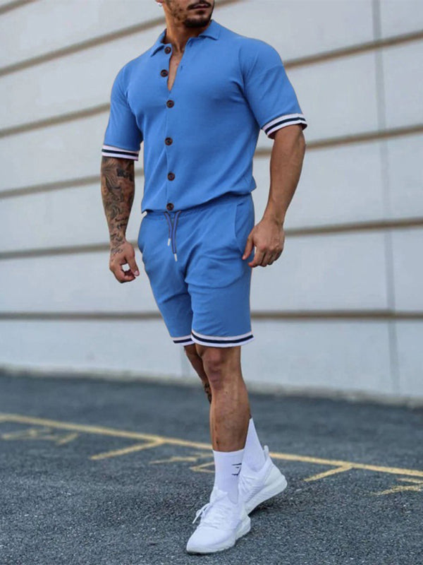 Men's Solid-Color Short-Sleeve Button-Down Shirt Set