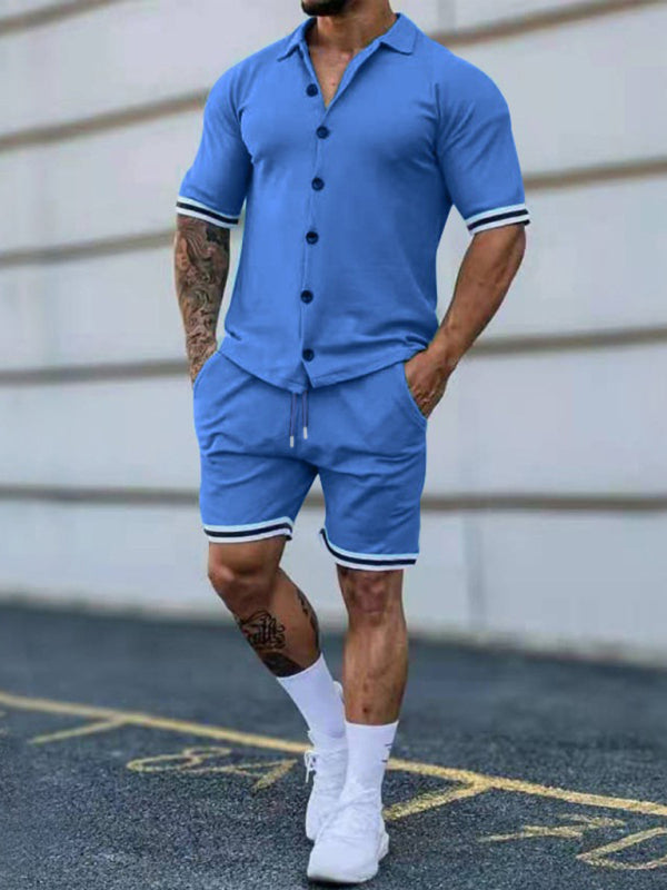 Men's Solid-Color Short-Sleeve Button-Down Shirt Set