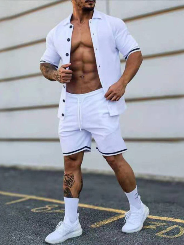 Men's Solid-Color Short-Sleeve Button-Down Shirt Set