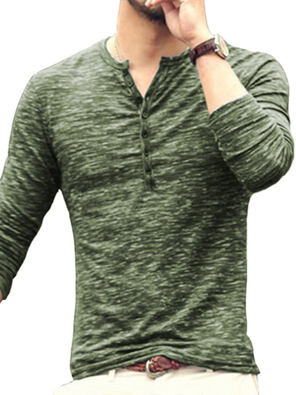 Men's fashion open placket slub silk long-sleeved T-shirt