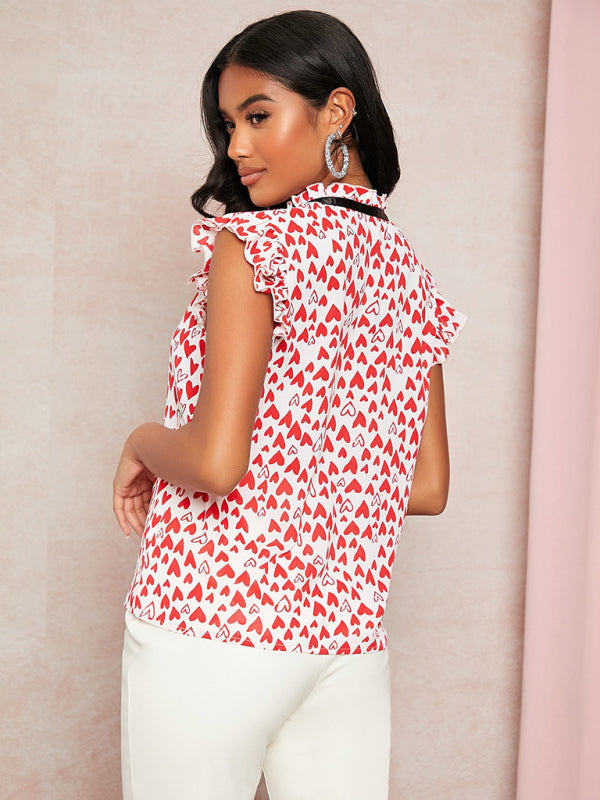 Women's spring and summer loose sleeveless lotus leaf edge print shirt
