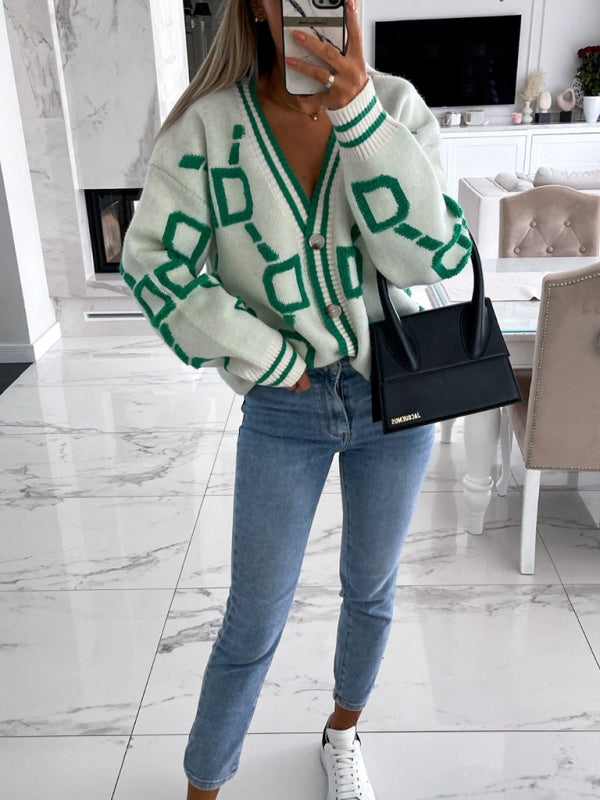 Women's Contrast Single-Breasted Drop-Sleeve Sleeve Sweater Cardigan