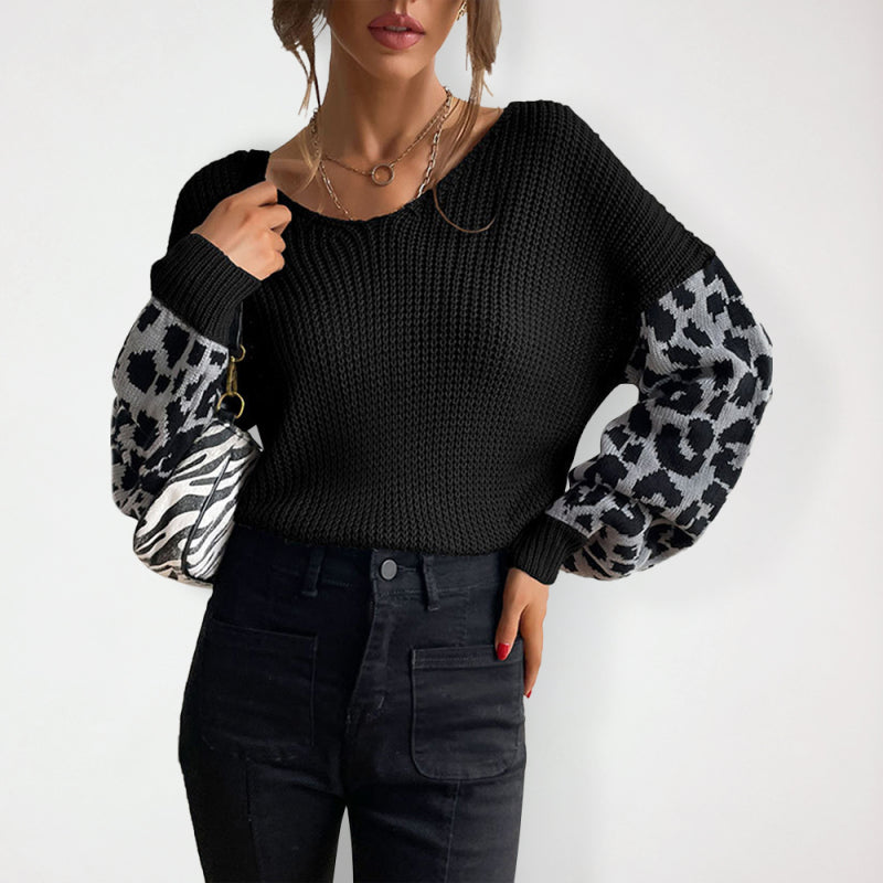 Women’s Scoop Neckline Dropped Shoulders Long Sleeve With Leopard Print Ribbed Sweater Top