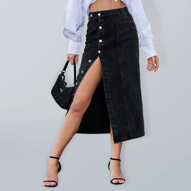 Women's New Button Irregular Slit Denim High Waist Skirt