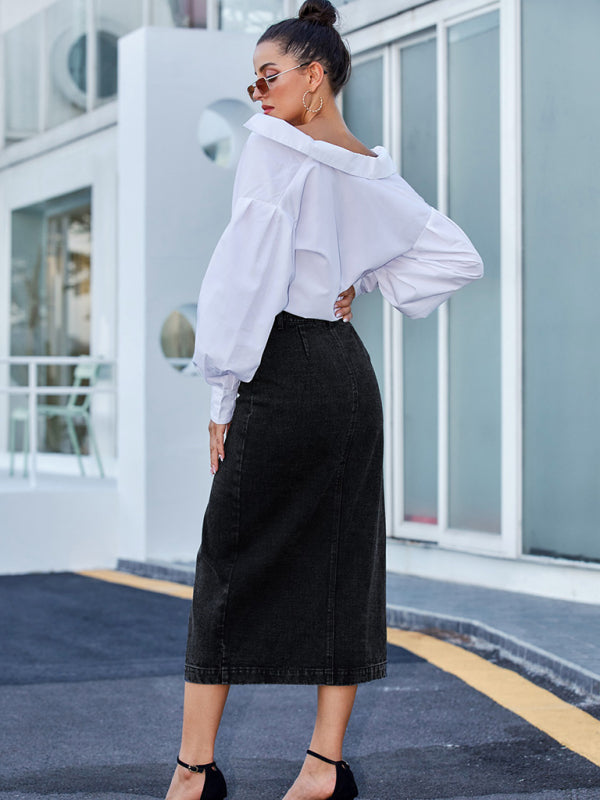 Women's New Button Irregular Slit Denim High Waist Skirt