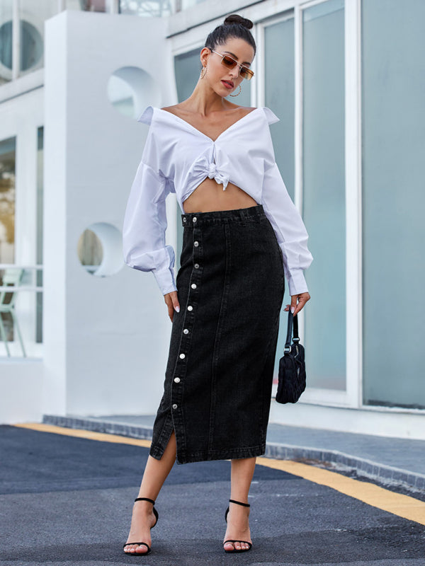Women's New Button Irregular Slit Denim High Waist Skirt