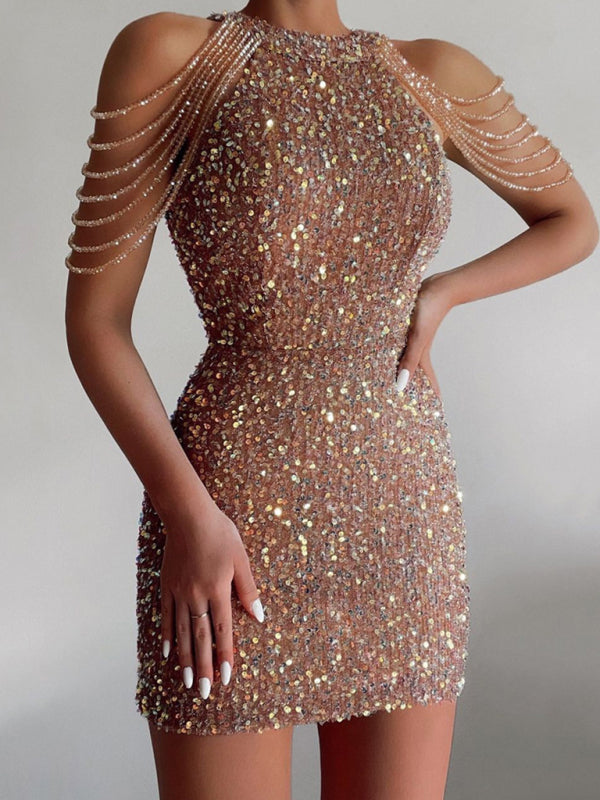 Women's Sequined Chain Beads Bodycon Party Dress