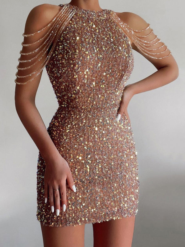 Women's Sequined Chain Beads Bodycon Party Dress