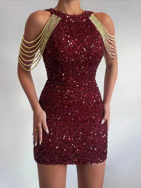 Women's Sequined Chain Beads Bodycon Party Dress