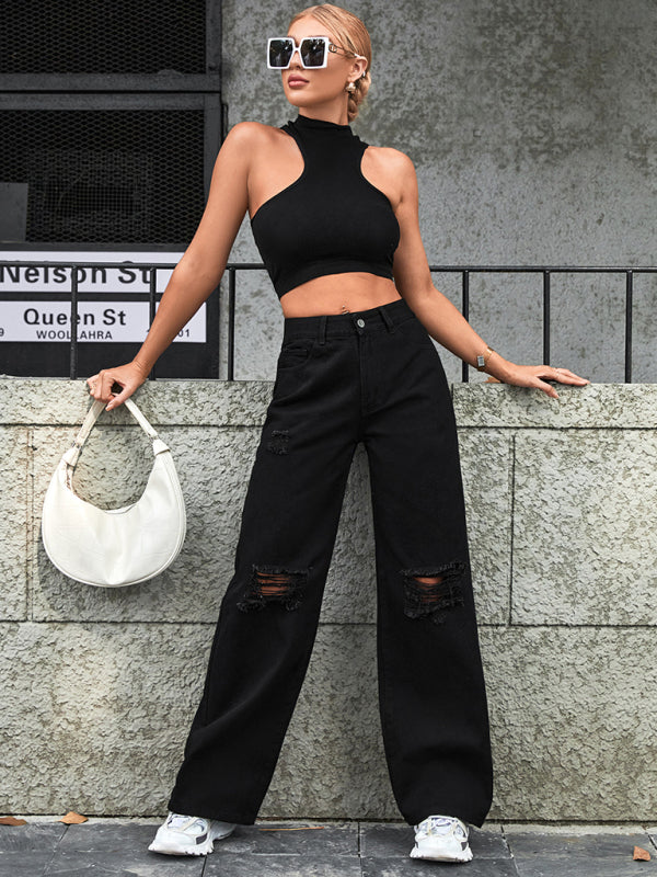 Women's Ripped High Waist Side Leg Jeans