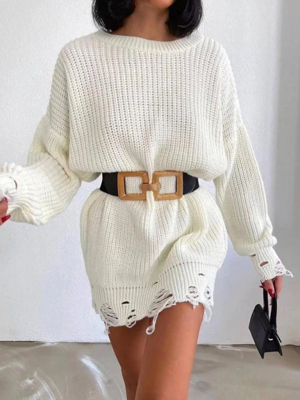 Women's Solid Color Rip Distressed Hem Rib Knit Sweater Mini Dress