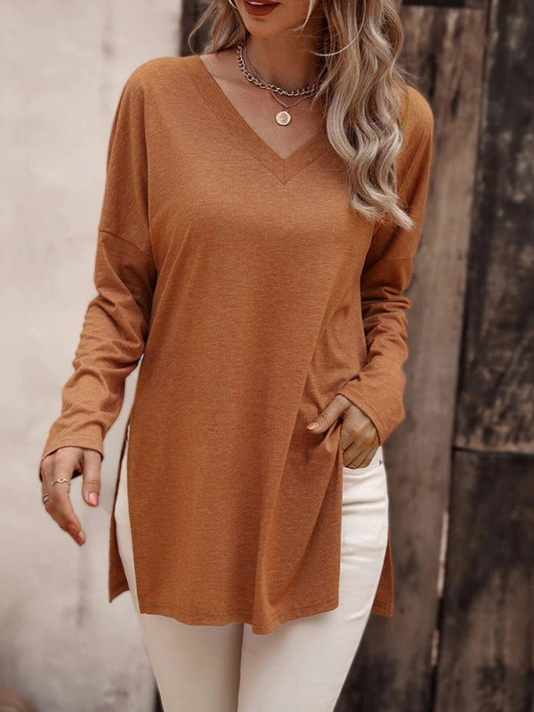 Women's Solid Color V Neck Essential Long Sleeve Side Slit Longline T- Shirt