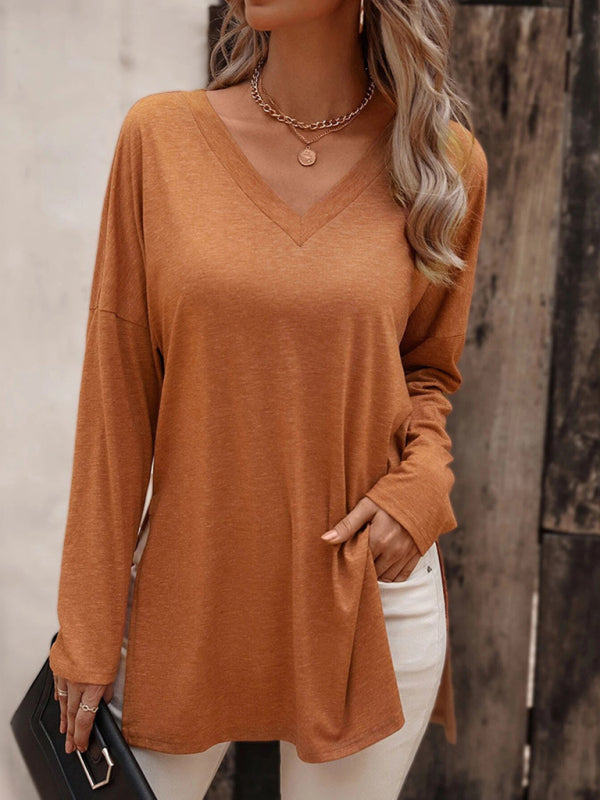 Women's Solid Color V Neck Essential Long Sleeve Side Slit Longline T- Shirt