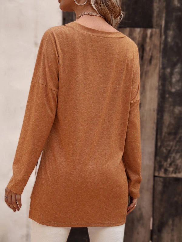 Women's Solid Color V Neck Essential Long Sleeve Side Slit Longline T- Shirt