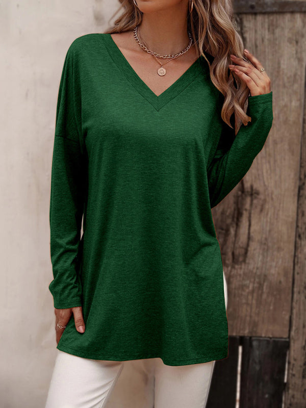 Women's Solid Color V Neck Essential Long Sleeve Side Slit Longline T- Shirt