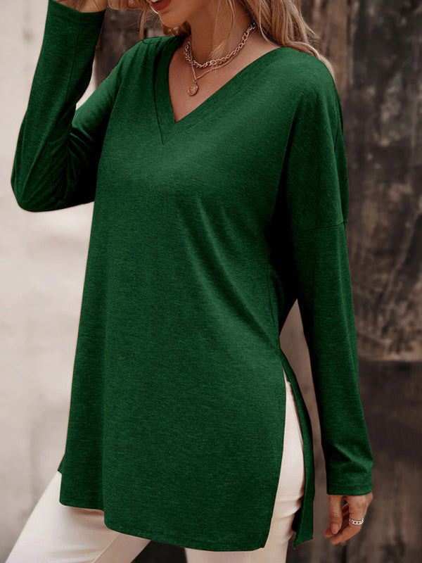 Women's Solid Color V Neck Essential Long Sleeve Side Slit Longline T- Shirt