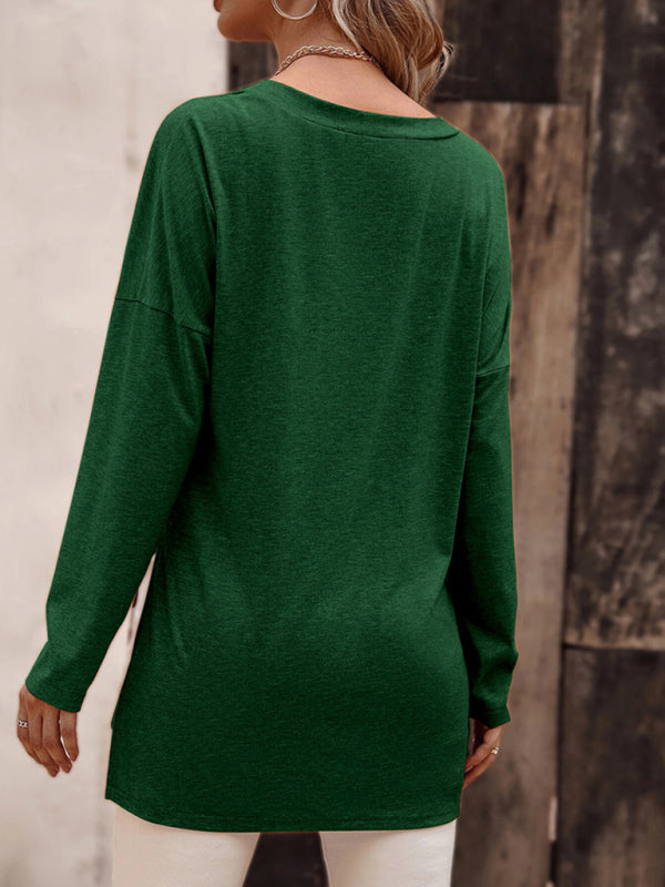 Women's Solid Color V Neck Essential Long Sleeve Side Slit Longline T- Shirt
