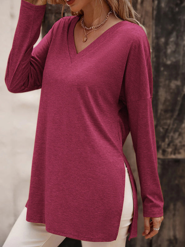 Women's Solid Color V Neck Essential Long Sleeve Side Slit Longline T- Shirt