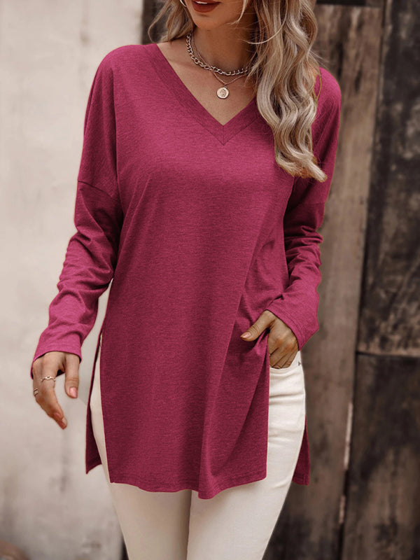 Women's Solid Color V Neck Essential Long Sleeve Side Slit Longline T- Shirt