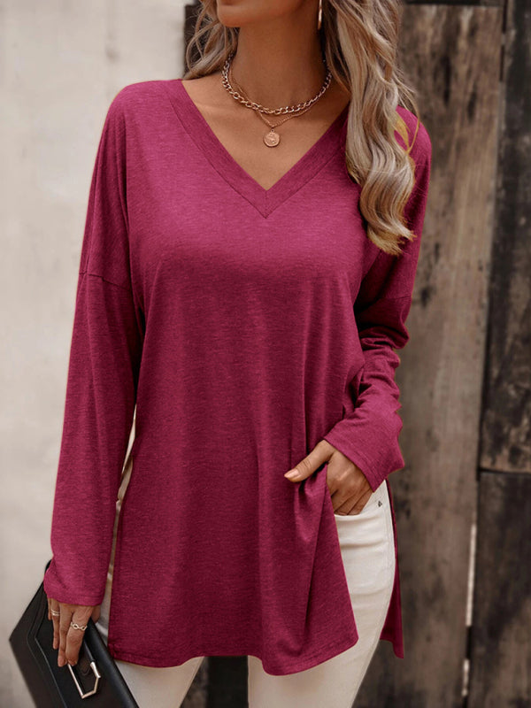 Women's Solid Color V Neck Essential Long Sleeve Side Slit Longline T- Shirt