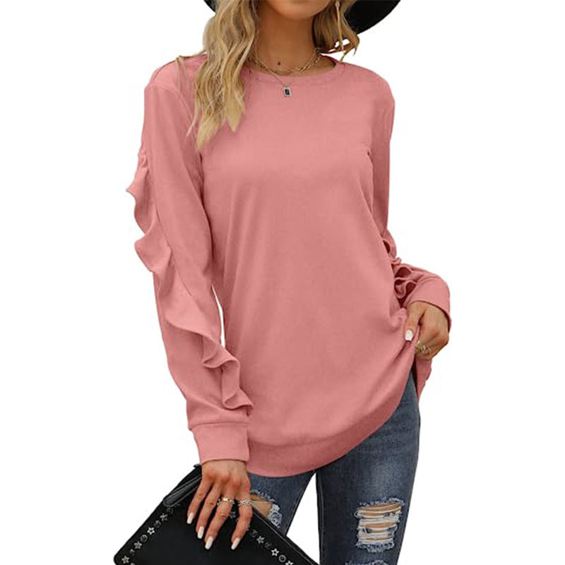 Women's New casual round neck sweater pleated long-sleeved top