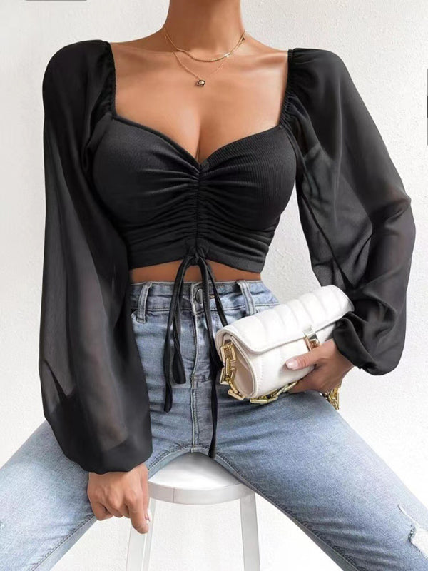 Women's Drawstring Knit Paneled Chiffon Top Feminine Top European and American