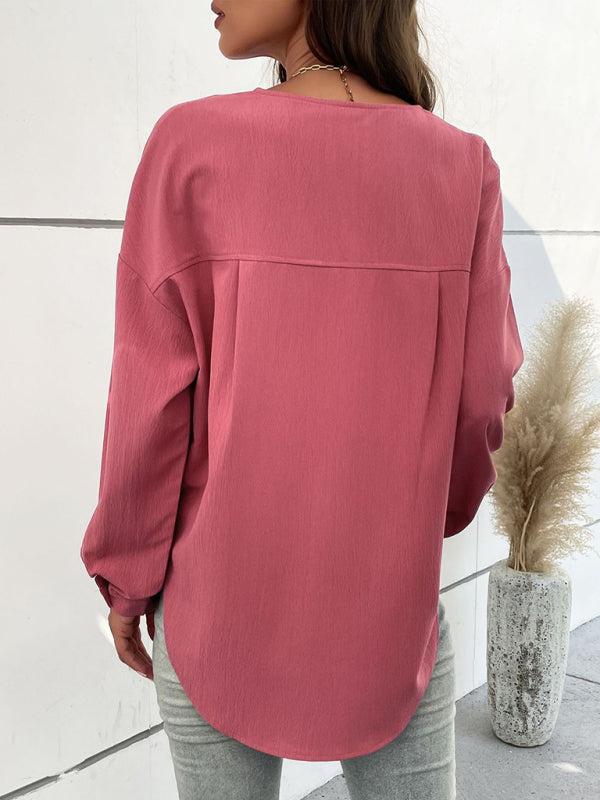 Women's Solid Color Button-up Crew Neck Henley Long Sleeve Top
