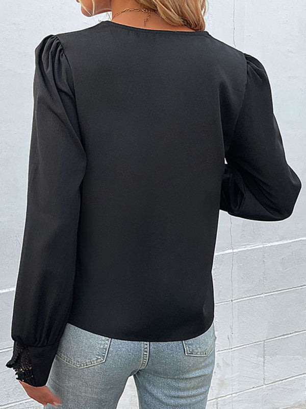 Women's Solid Color V-neck Long Sleeve Lace Trim Top