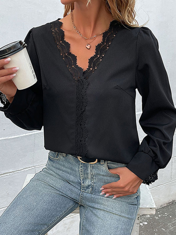 Women's Solid Color V-neck Long Sleeve Lace Trim Top