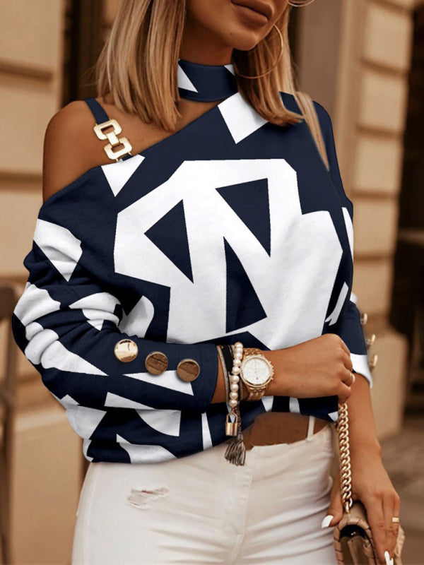 Women's Check Geometric Pattern Print Long Sleeve Chain Halter Print Button Top