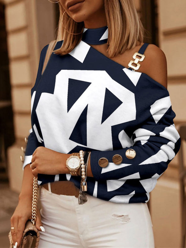 Women's Check Geometric Pattern Print Long Sleeve Chain Halter Print Button Top