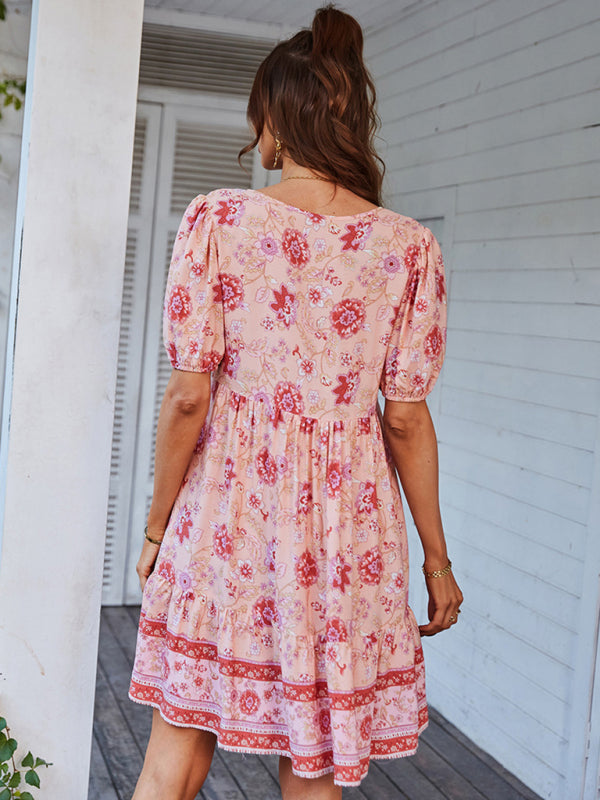 Women's Woven V-Neck Short Sleeve Bohemian Resort Dress