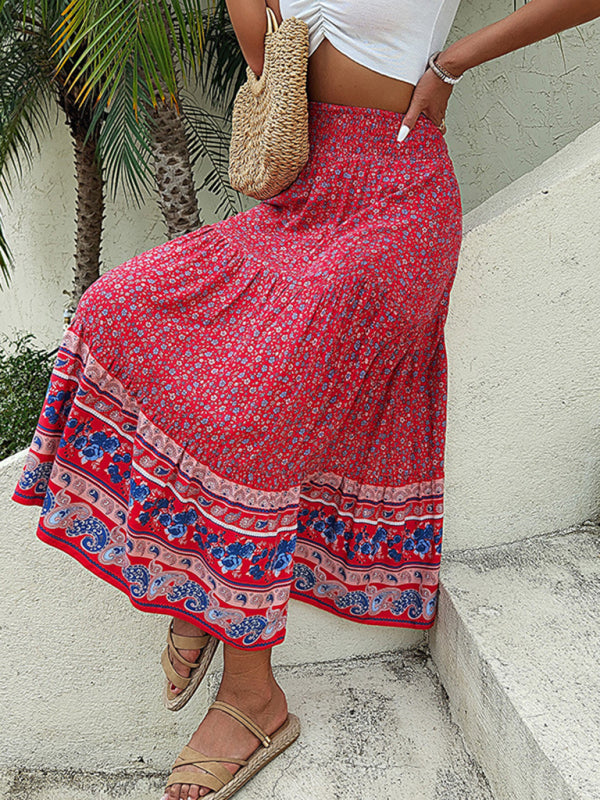 Women's Bohemian Print Pull-on Tiered Linen Blend Maxi Skirt