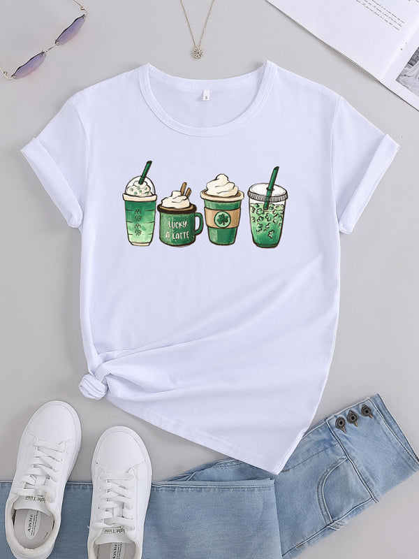 Women's Graphic Crewneck Four-leaf Clover Iced Coffee Cups Short Sleeve T-shirt