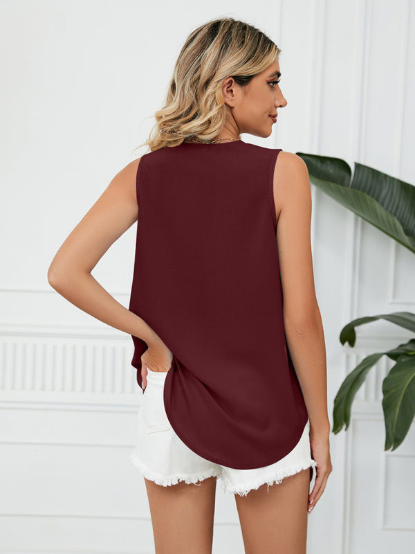 Women's Solid Color Chiffon Loose V Neck Sleeveless Tank Top